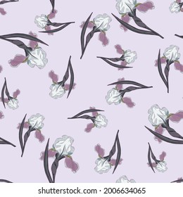 Random seamless pattern with abstract cute iris flower ornament. Light blue background. Vector illustration for seasonal textile prints, fabric, banners, backdrops and wallpapers.