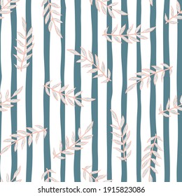 Random seamless pattern with abstract light branches elements. White and blue striped background. Designed for fabric design, textile print, wrapping, cover. Vector illustration