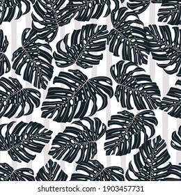 Random seamless pattern in abstract style with black monstera shapes on light background. Decorative backdrop for wallpaper, textile, wrapping paper, fabric print. Vector illustration.