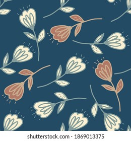Random seamless pattern with beige and pastel brick flowers. Dark blue background. Great for fabric, textile, wrapping paper, wallpaper. Vector illustration.