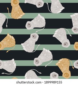 Random seamless pattern with blue and beige random lion ornament. Striped background with green light lines. Graphic design for wrapping paper and fabric textures. Vector Illustration.