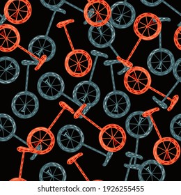 Random seamless pattern with blue and pink circus bicycle ornament. Black background. Contrast transport print. Vector illustration textile prints, fabric, banners, backdrops and wallpapers.