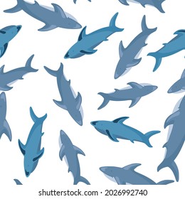 Random seamless pattern with blue shark silhouettes print. White background. Nature wildlife print. Designed for fabric design, textile print, wrapping, cover. Vector illustration.