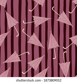 Random seamless pattern with cartoon pink umbrellas. Bright striped background. Decorative backdrop for fabric design, textile print, wrapping, cover. Vector illustration.