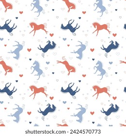 Random seamless pattern, cute cartoon horses with hearts