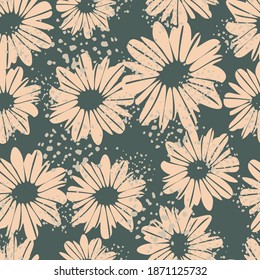 Random seamless pattern with daisy flowers. Grey background with splashes and pastel pink botanic elements. Use for wallpaper, pattern fills, surface textures, fabric prints. Vector illustration.