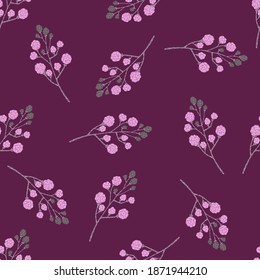 Random seamless pattern with doodle blackberry vitamin ornament. Purple and pink colored artwork. Perfect for fabric design, textile print, wrapping, cover. Vector illustration.