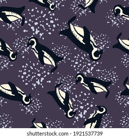 Random seamless pattern with doodle hand drawn penguin silhouettes. Purple background with splashes. Perfect for fabric design, textile print, wrapping, cover. Vector illustration.