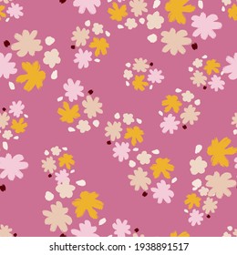 Random seamless pattern with doodle hand drawn flower elements. Pink background. Nature elements. Graphic design for wrapping paper and fabric textures. Vector Illustration.