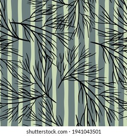 Random seamless pattern with doodle hand drawn black tree branches ornament. Pale blue striped background. Perfect for fabric design, textile print, wrapping, cover. Vector illustration.