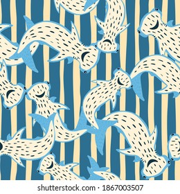 Random seamless pattern with doodle kids hammerhead sharks elements. Blue fishes on striped background. Decorative backdrop for fabric design, textile print, wrapping, cover. Vector illustration.