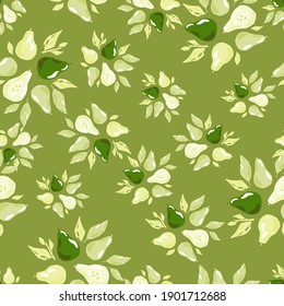 Random seamless pattern with doodle pear ornament and leaf silhouettes. Green background. Nature food backdrop. Stock illustration. Vector design for textile, fabric, giftwrap, wallpapers.