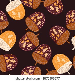 Random seamless pattern with doodle yellow and brown tones acorn elements. Dark brown background. Stock illustration. Vector design for textile, fabric, giftwrap, wallpapers.