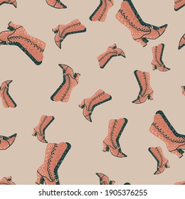 Random seamless pattern with elegance women boots with heel. Grey background. Simple decorative artwork. Stock illustration. Vector design for textile, fabric, giftwrap, wallpapers.