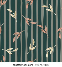 Random seamless pattern with falling foliage doodle print. Simple leaf branches on striped grey background. Perfect for fabric design, textile print, wrapping, cover. Vector illustration.