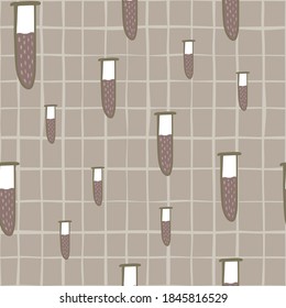 Random seamless pattern with flask shapes in beige and brown tones. Chequered background. Experiment equipment backdrop. Backdrop for fabric design, textile print, wrapping, cover. Vector illustration