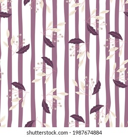 Random seamless pattern with floral decorative berry branch ornament. Purple and white striped background. Great for fabric design, textile print, wrapping, cover. Vector illustration.