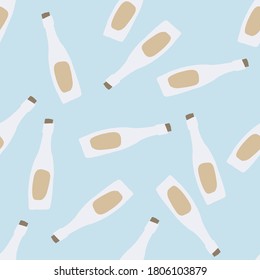 Random seamless pattern with glass bottle silhouettes. White drink ornament with beige details on blue background. Great for wallpaper, textile, wrapping paper, fabric print. Vector illustration.