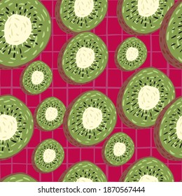 Random seamless pattern with green kiwi slices ornament. Bright red chequered background. Simple food backdrop. Designed for fabric design, textile print, wrapping, cover. Vector illustration.