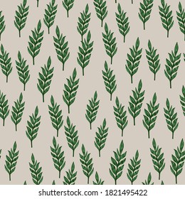Patrón aleatorio sin fisuras con ramas de hojas verdes adornadas. Fondo gris claro. Obra de arte botánico. Impresión decorativa para papel pintado, textil, papel envolvente, impresión de tela. Ilustración vectorial.
