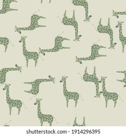 Random seamless pattern with grey hand drawn giraffe silhouettes print. Light background. Graphic design for wrapping paper and fabric textures. Vector Illustration.