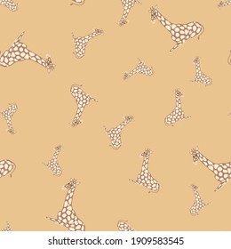 Random seamless pattern with hand drawn giraffe ornament. Beige background. Simple design. Vector illustration for seasonal textile prints, fabric, banners, backdrops and wallpapers.