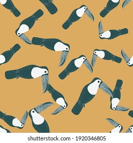 Random seamless pattern with hand drawn pastel blue toucan ornament. Beige background. Simple design. Flat vector print for textile, fabric, giftwrap, wallpapers. Endless illustration.