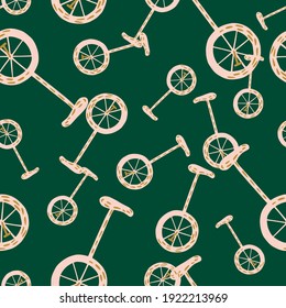 Random seamless pattern with hand drawn bicycle doodle ornament. Green background. Simple design. Vector illustration for seasonal textile prints, fabric, banners, backdrops and wallpapers.