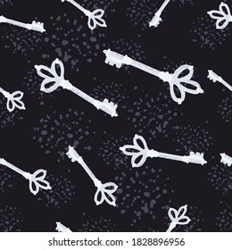 Random seamless pattern with keys doodle silhouettes. White different sizes secret shapes on black background with splashes. Perfect for wallpaper, textile, wrapping, fabric print. Vector illustration