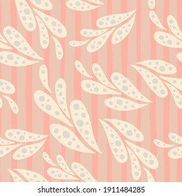 Random seamless pattern with light pink oriental ornament. Pink striped background. Simple design. Great for fabric design, textile print, wrapping, cover. Vector illustration.