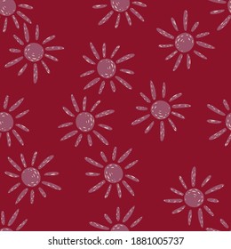 Random seamless pattern with lilac ethnic sun silhouettes. Maroon background. Simple design. Decorative backdrop for fabric design, textile print, wrapping, cover. Vector illustration.