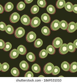 Random seamless pattern with little green kiwi slice elements. Dark background. Healthy food print. Designed for fabric design, textile print, wrapping, cover. Vector illustration.