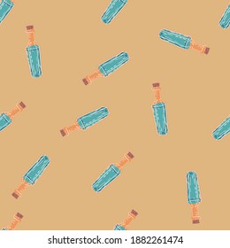 Random seamless pattern with magic potion bottle blue elements. Beige background. Designed for fabric design, textile print, wrapping, cover. Vector illustration