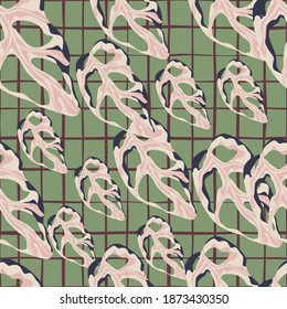 Random seamless pattern with marble pink monstera leaf shapes. Pink falm foliage on green chequered background. Perfect for fabric design, textile print, wrapping, cover. Vector illustration