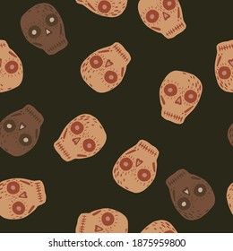Random seamless pattern with mexican decor skull shapes. Brown background. Day of death print. Stock illustration. Vector design for textile, fabric, giftwrap, wallpapers.