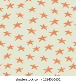 Random nahtloses Muster mit orangefarbenen Keksen in Sternformen. Neujahr geometrischer Nachtisch auf hellgrauem Hintergrund. Entworfen für Tapete, Textilien, Wickelpapier, Stoffdruck. Vektorgrafik.