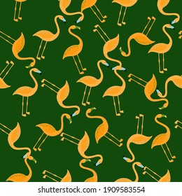 Random seamless pattern with orange flamingo silhouette ornament. Green bright background. Tropic artwork. Vector illustration for seasonal textile prints, fabric, banners, backdrops and wallpapers.