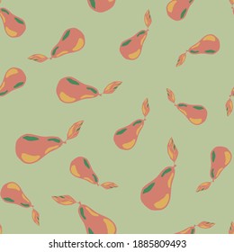 Random seamless pattern with orange pale pear ornament. Light green pastel background. Graphic design for wrapping paper and fabric textures. Vector Illustration.