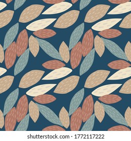 Random seamless pattern ornament leaves. Brown and blue botanic elements on dark navy background. Great for fabric, textile, wrapping paper, wallpaper. Vector illustration.