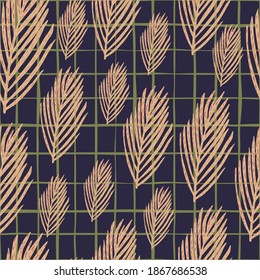Random seamless pattern with pastel fir tree foliage elements. Navy blue chequered background. Perfect for fabric design, textile print, wrapping, cover. Vector illustration.