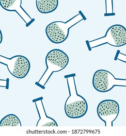 Random seamless pattern in pastel palette with flasks. Light background. School style. Great for fabric design, textile print, wrapping, cover. Vector illustration.