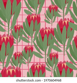 Random seamless pattern with pink protea hand drawn elements. Flower artwork. Pink chequered background. Perfect for fabric design, textile print, wrapping, cover. Vector illustration.