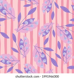 Random nahtloses Muster mit violettem, süßem Rowan und Blättersilhouetten. rosafarbener Hintergrund. Entworfen für Stoffdesign, Stoffdruck, Umhüllung, Abdeckung. Vektorgrafik.