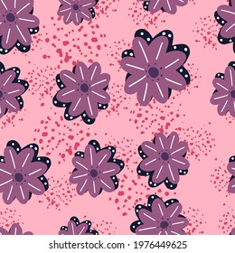 Random seamless pattern with purple daisy flowers shapes. Pink background with splashes. Simple style. Designed for fabric design, textile print, wrapping, cover. Vector illustration.