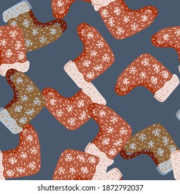 Random seamless pattern with red snowflakes ornament gift socks. Blue pastel background. Flat vector print for textile, fabric, giftwrap, wallpapers. Endless illustration.