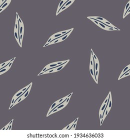 Random seamless pattern with simple abstract leaf ornament. Grey background. Minimalistic style. Decorative backdrop for fabric design, textile print, wrapping, cover. Vector illustration.