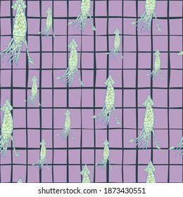 Random seamless pattern with simple light blue squids. Pastel purple background with check. Decorative backdrop for fabric design, textile print, wrapping, cover. Vector illustration