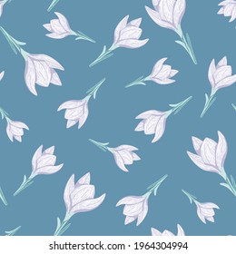 Random seamless pattern with simple light crocus flower elements. Turquoise background. Nature artwork. Graphic design for wrapping paper and fabric textures. Vector Illustration.