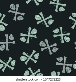 Random seamless pattern with simple skeleton skull and bone ornament. Black background and blue scary print. Vector illustration for seasonal textile prints, fabric, banners, backdrops and wallpapers.