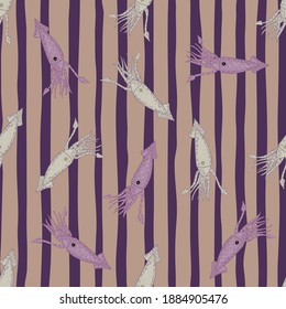 Random seamless pattern with squids. Underwater animals print with purple striped background. Designed for fabric design, textile print, wrapping, cover. Vector illustration.